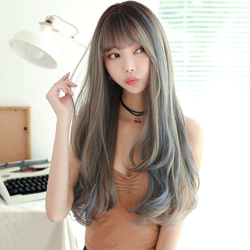 极速七街皇后假发女长发自然全头挑染长卷K发网红圆脸渐变蓝色新