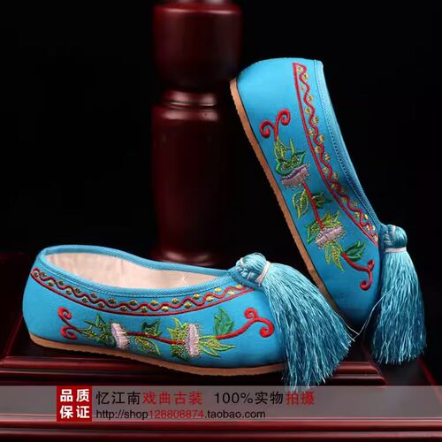 新品戏曲彩鞋女花旦新款牛u筋底平底薄底古装京剧越剧青衣秀禾绣