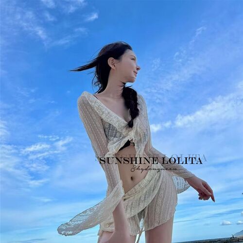 新品sunshine lolita林允同款泳衣纯欲蕾丝罩衫V四件套比基尼温泉