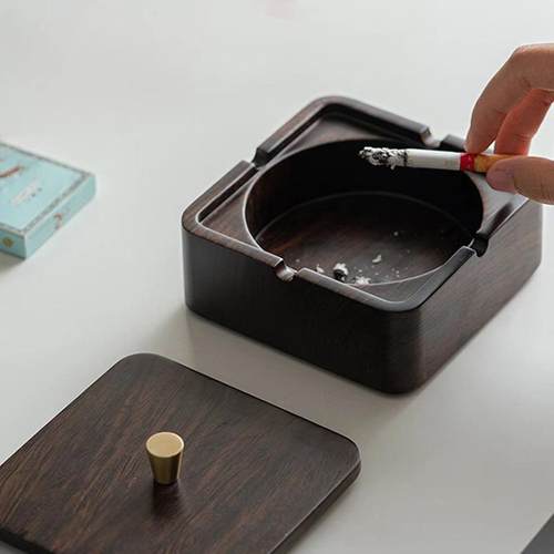 极速黑檀实木四方菸灰q缸带盖子家用办公防风防飞灰装饰摆饰时尚