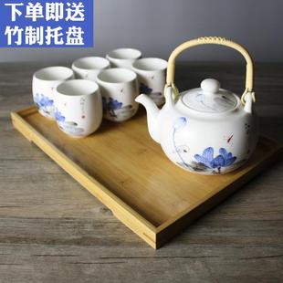 送竹托盘 高档礼品 景德镇陶瓷功夫茶具套装 家用提梁茶壶茶杯整套