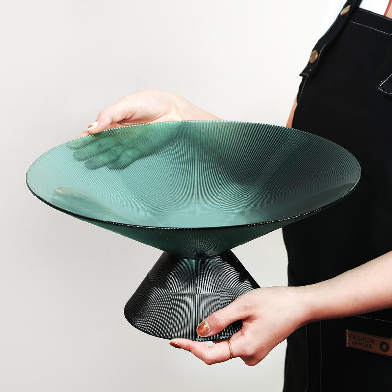 现代创意轻奢高脚水果盘家居客厅茶几餐桌彩色条纹玻璃零食干果盆