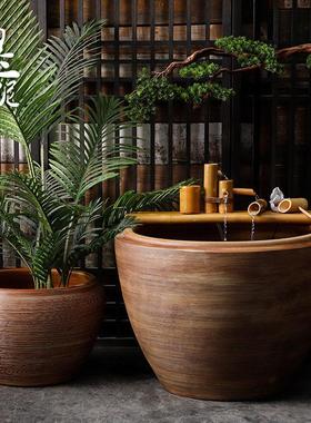 陶瓷粗陶手工大圆坛特大水缸棕木纹纹理线条鱼缸落地摆件庭院园林