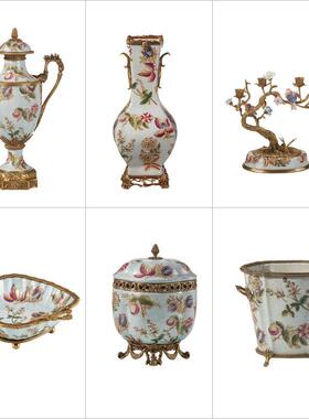 欧式陶瓷配铜花香浅蓝双耳罐花盆简约花器花盆纸巾盒烛台软装摆件