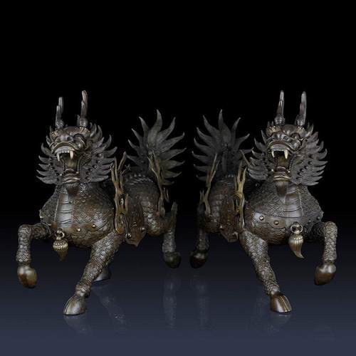 纯铜麒麟摆件铜火麒麟家居饰品客厅摆件办公室招财铜麒麟一对摆件