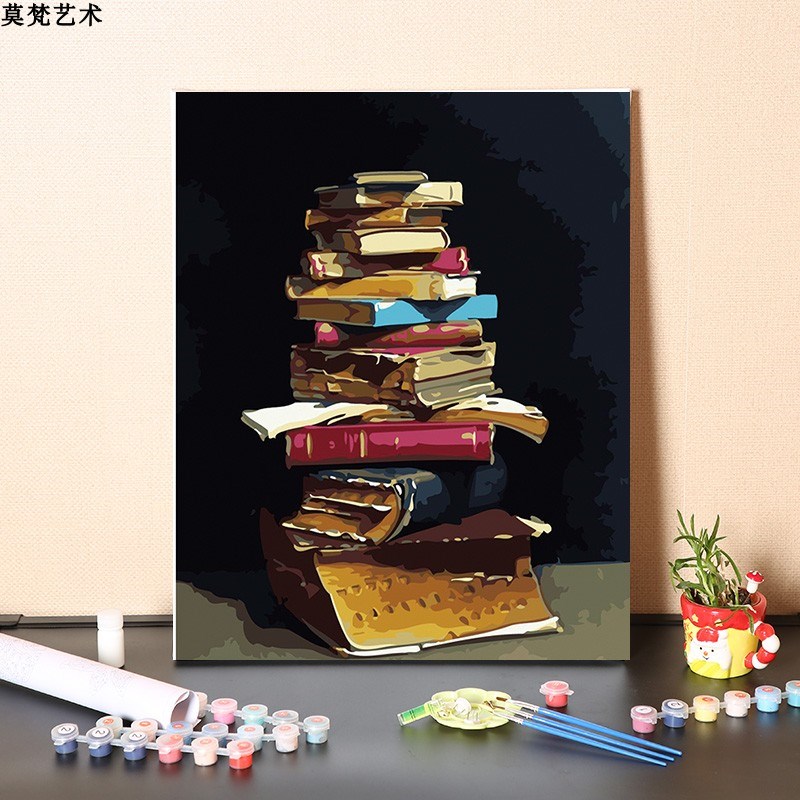 数字油画diy手工填充学u业有成书籍书房装饰手绘涂色丙烯油彩画画图片