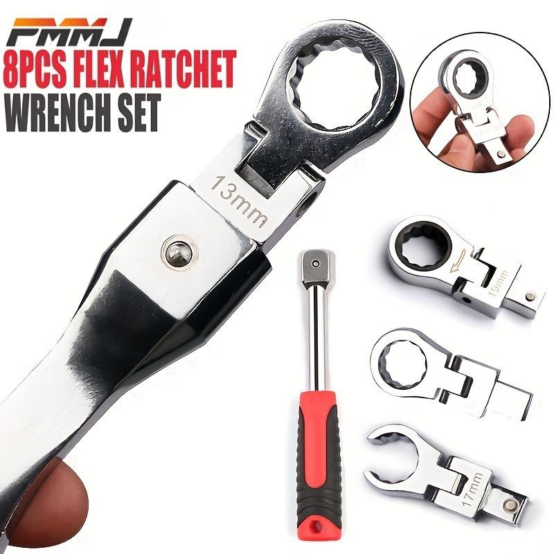便携8件套脱卸式活动头棘轮扳手套装 摇头板手180° 旋转扳手工具