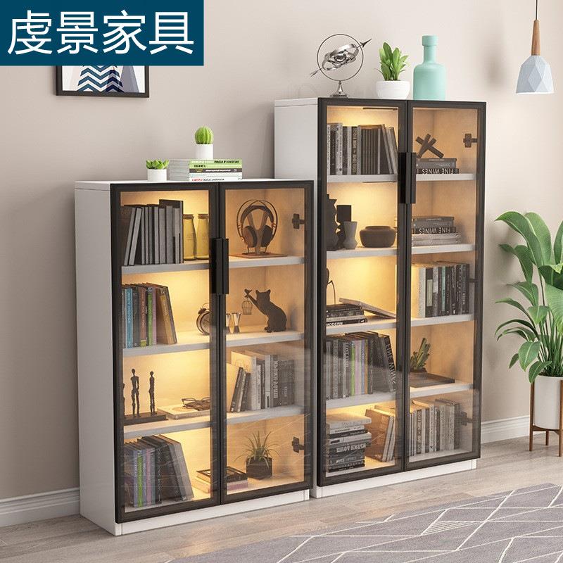 实木书柜带玻璃柜门现代简约客厅置物架储物柜带LED感应灯陈列柜