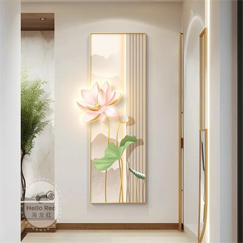 荷花入户玄关装饰画现代日式走廊过道挂画中国风新中式灯光画壁画图片