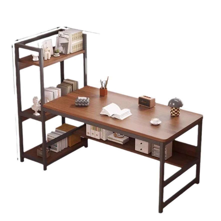 现代简约书架书桌一体靠墙置物架学生学习桌书房多层电脑桌收纳桌