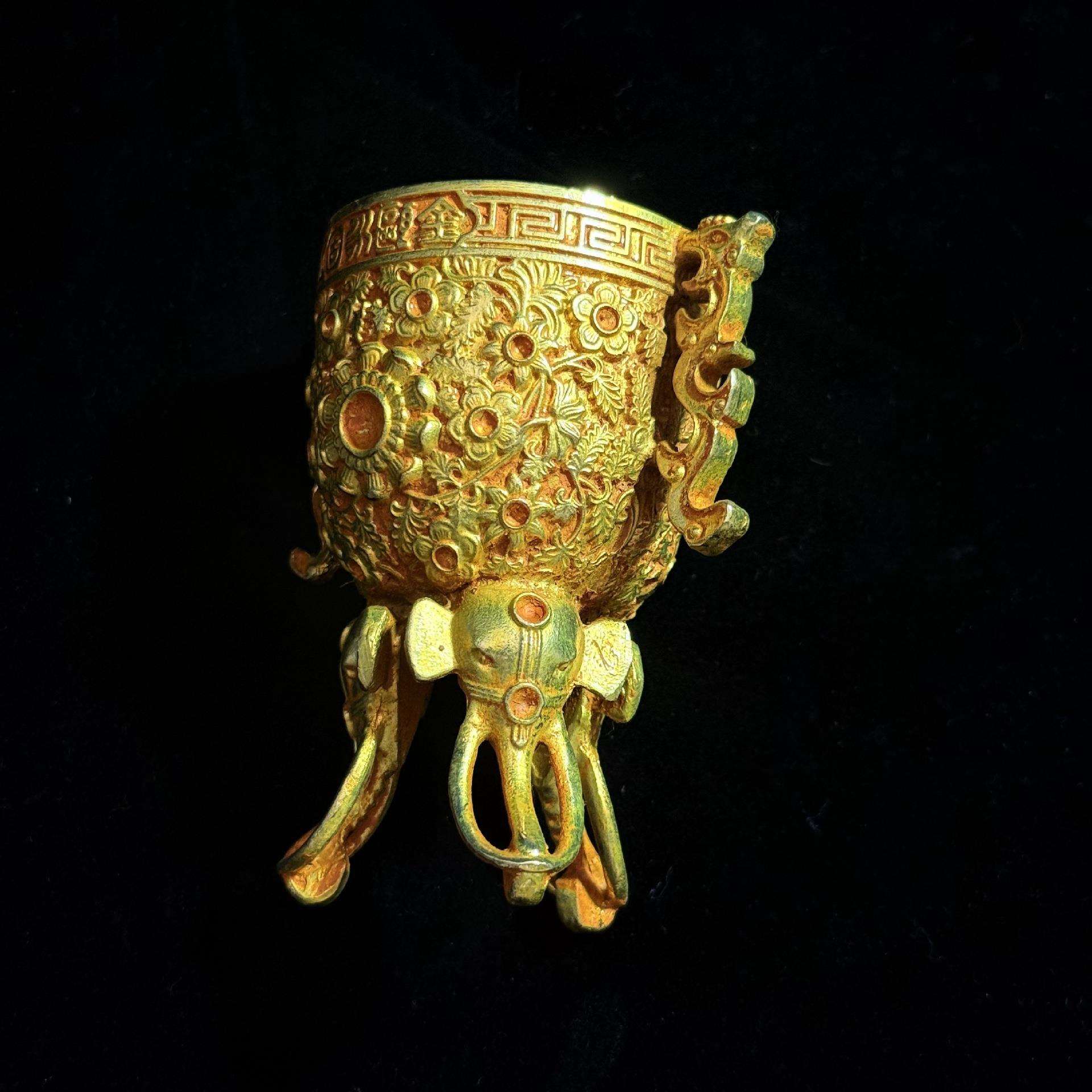 仿古做旧象足鎏金酒尊工艺品摆件酒杯桌面装饰品