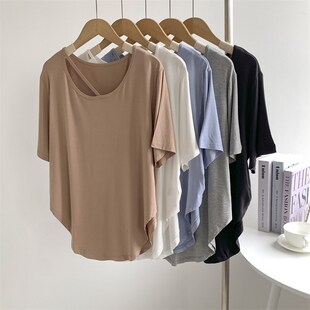 速发莫代尔领上T恤蓝色垂坠感宽松上衣舞蹈服爵士舞练功服斜衣