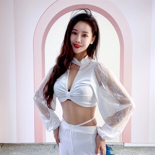 速发练WEG肚皮舞深V蝴蝶结胸领印花蕾丝灯笼袖 S习上衣 搭百衣款