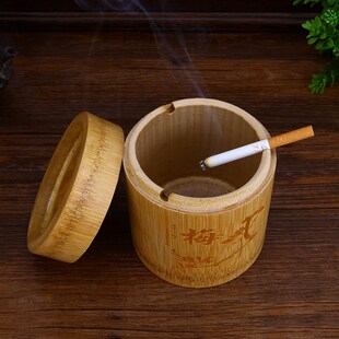 速发特大号烟防缸竹木带盖烟灰缸大灰灰缸加盖烟烟缸灰风烟灰缸烟