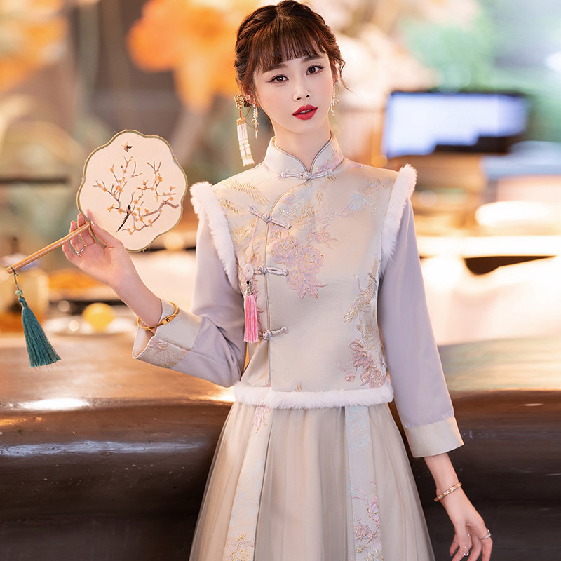 速发伴娘服冬季2袍2服新款冬中式秀禾4姐妹团礼服冬天唐装旗0裙冬