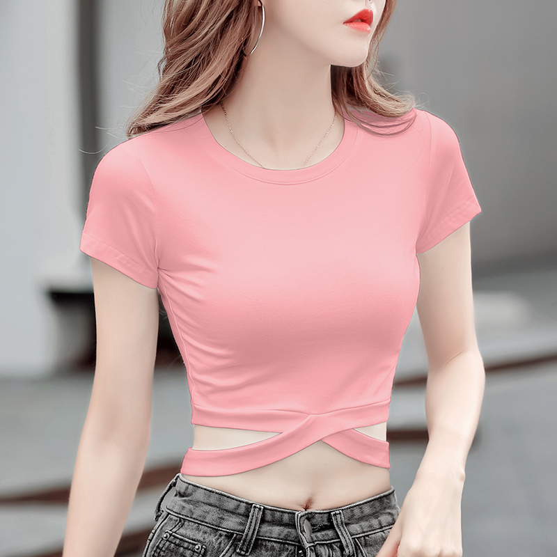 速发2超2火新款短款上衣设计感小众05紧身高腰漏肚脐性感t恤