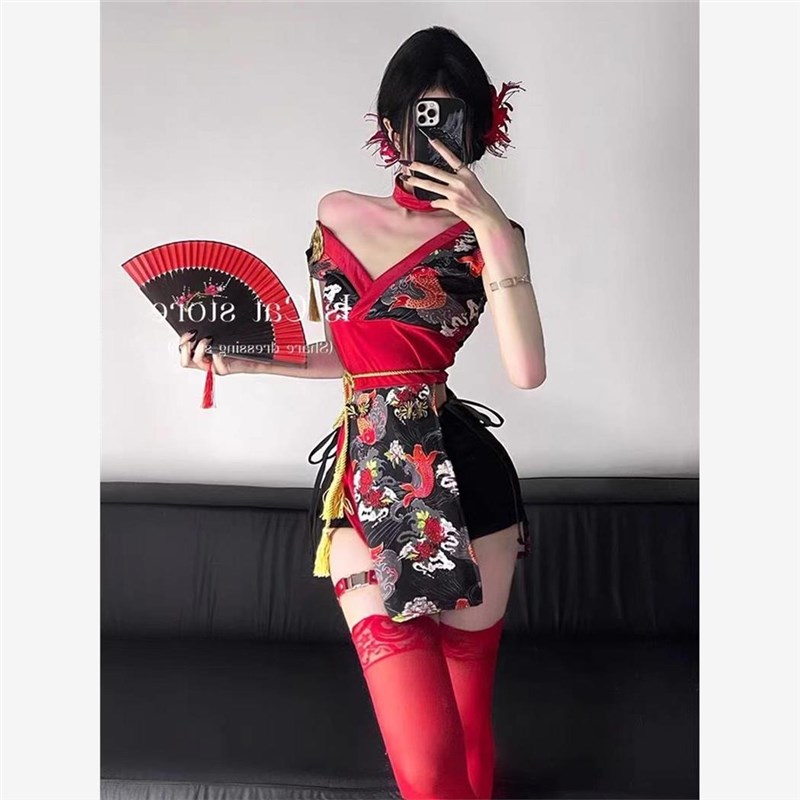 现货速发鎏金舞动 性感印花制服pl系带和服套装开叉裙