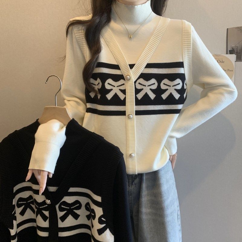 速发大码减龄假两件半高蝶针织衫秋冬蝴打结毛衣遮肚领底衫,女装/女士精品,大码内搭,淘宝优惠券,粉丝福利购,淘宝优惠卷