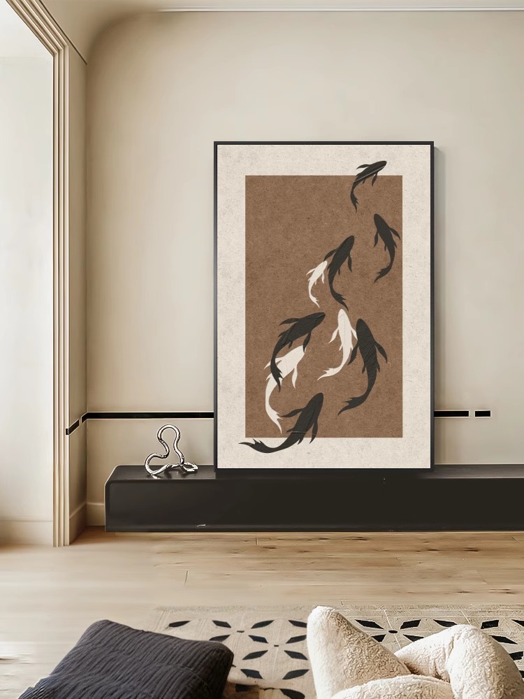 中古风客厅装饰画九鱼图玄关过道走廊高级感壁画艺术书房卧室挂画图片