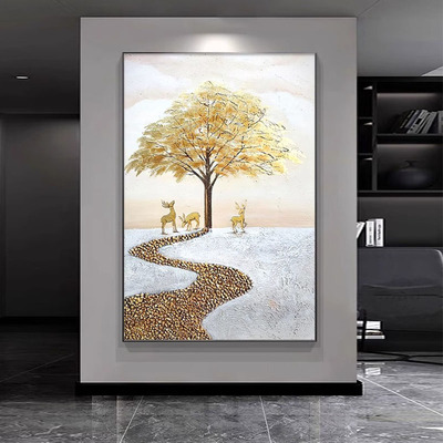 《金鹿迎财》寓意好现代轻奢装饰画大芬村客厅玄关沙发高级感挂画