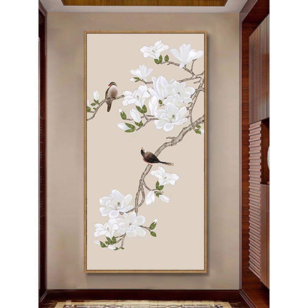 新中式白玉兰花鸟图走廊玄关装饰画工笔国画风景书房客厅墙壁挂画