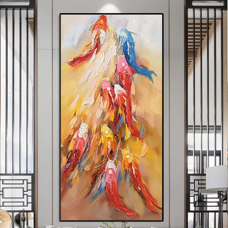 九鱼图进门入户玄关挂画大芬油画村装饰画油画中式沙发背景墙挂画图片