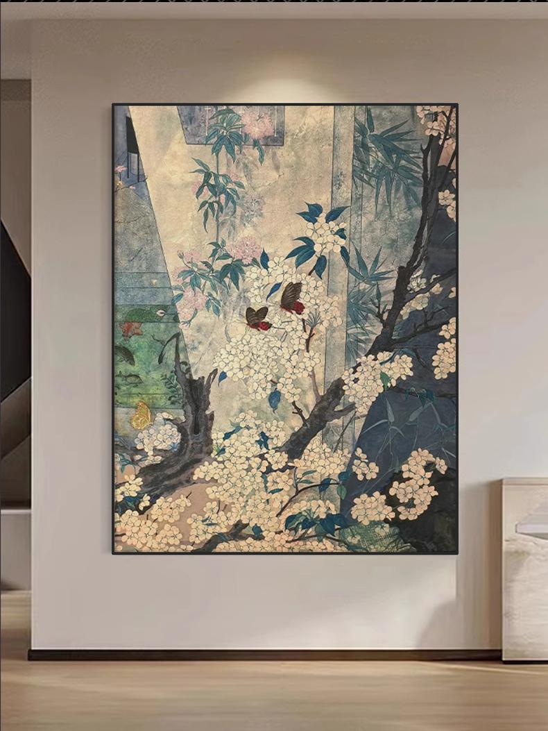 中古风花鸟图蝴蝶客厅装饰画绿色植物花卉油画覆古怀旧风玄关挂画图片