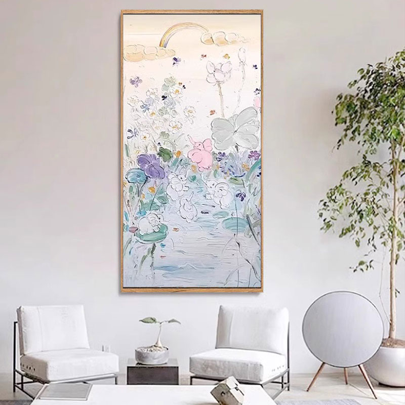 可爱卡通大象荷花池趣味儿童房装饰画客厅玄关酒店餐厅肌理感挂画图片