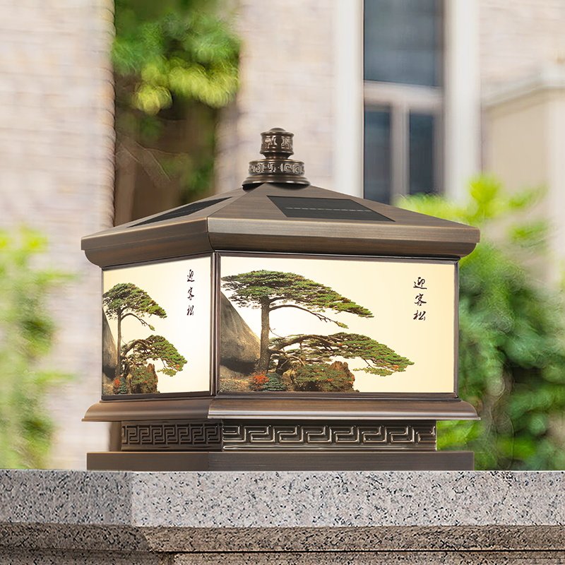 大门柱子灯全铜别墅庭院室外围墙太阳能柱头灯中式农村花园门柱灯