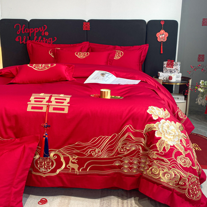 极速新中式大红色婚庆四件组100S长绒棉J被套纯棉牀单结婚喜被牀
