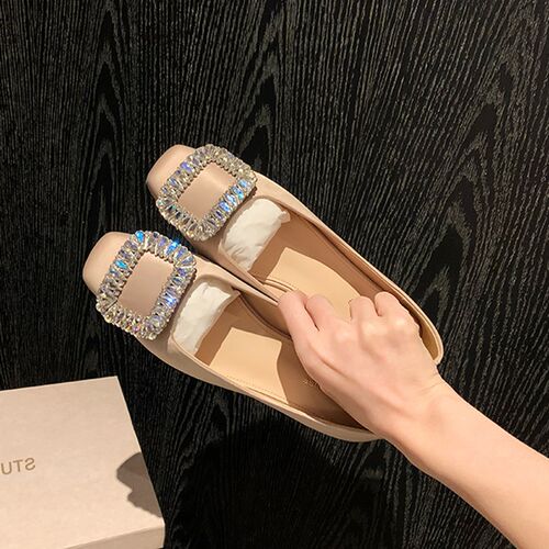新品rv裸色单鞋女2026新款春秋D绸缎面方头浅口法式低跟方扣水钻