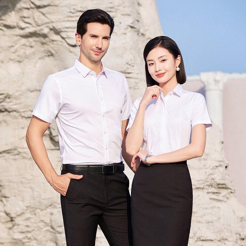 新品男女同款短袖工作服浅灰衬衫职业商务4S店P正装销售衬衣刺绣 - 实物图