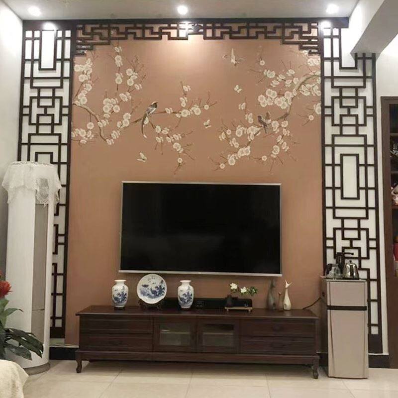 速发新中式电视背景墙装饰边框形象墙实木隔断仿古花格镂空雕花板
