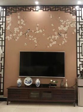 速发新中式电视背景墙装饰边框形象墙实木隔断仿古花格镂空雕花板