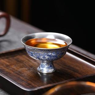 复古青花鎏金茶杯家用陶瓷银茶单杯茶盏功夫茶具主人品茗杯 新款