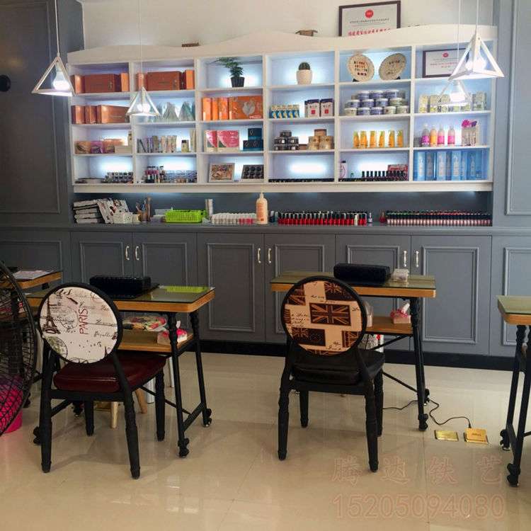 新款铁艺美甲桌子单人双人桌椅套装复古指甲桌工作台餐桌餐椅包邮
