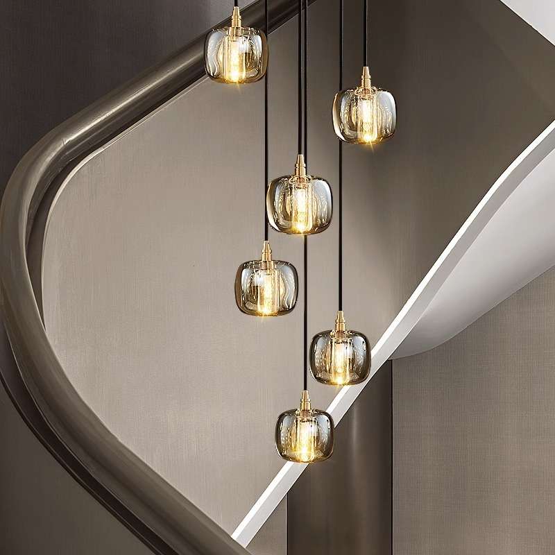 楼梯灯长吊灯后现代复式楼别墅全铜灯具轻奢简约大气旋转水晶灯