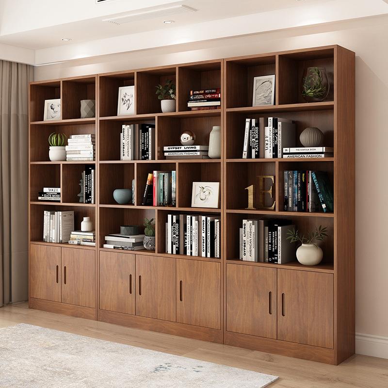 客厅靠墙实木书架置物架落地书柜带门格子柜家用多层收纳柜免安装