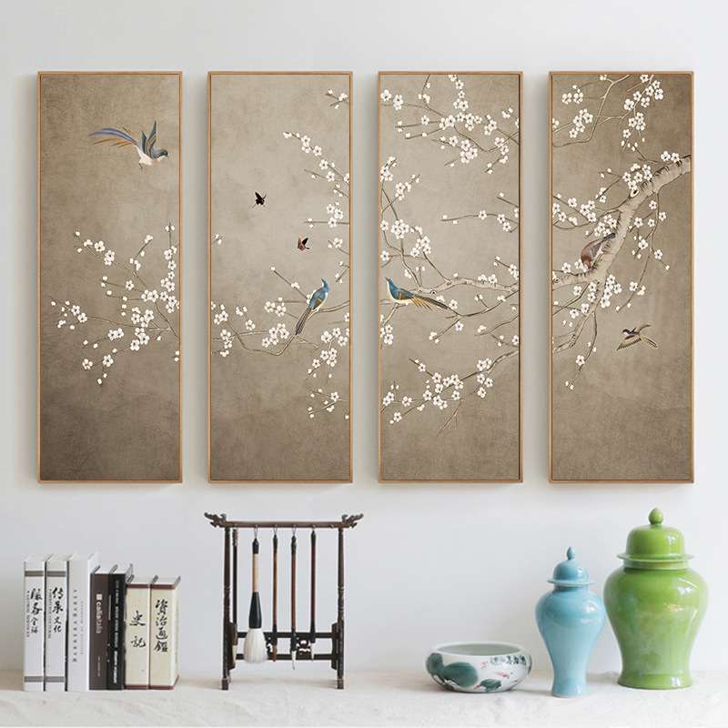 新中式客厅装饰画玄关壁画四条屏画餐厅挂画茶室墙画工笔花鸟国画