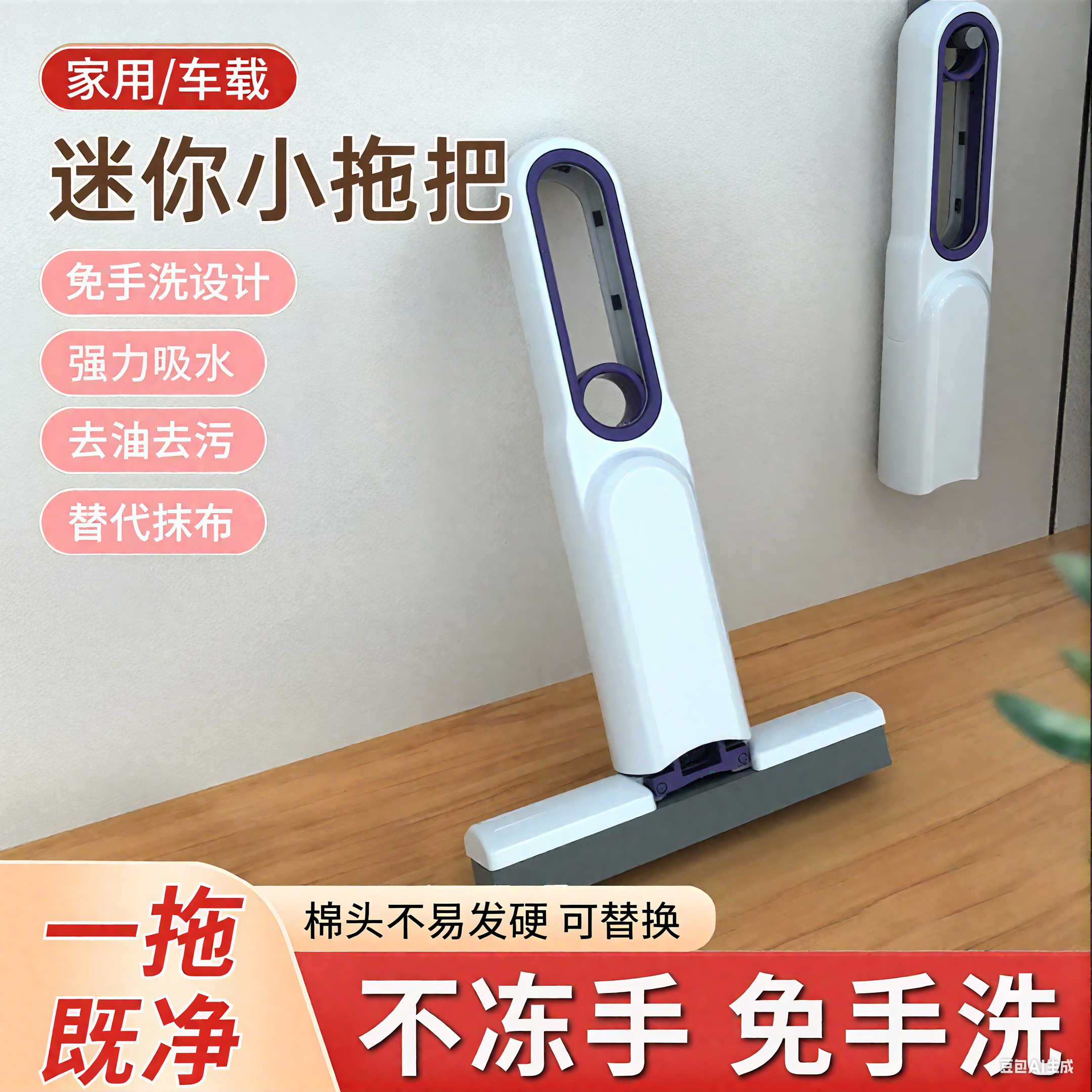 桌面迷你小拖把海绵吸水手持免手洗厨房浴室厕所卫生间洗手台通用