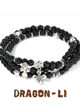 DRAGON LI狸花猫三圈4mm黑曜石四叶草十字架串珠情侣饰品闺蜜礼物
