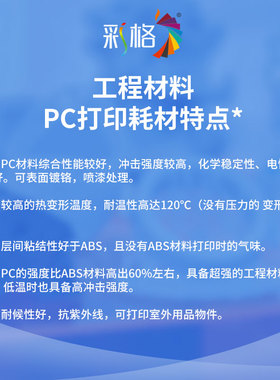 极速彩格3d打印耗材pc 1.75mm聚碳酸酯3d打印机材料1kg .3d打印工