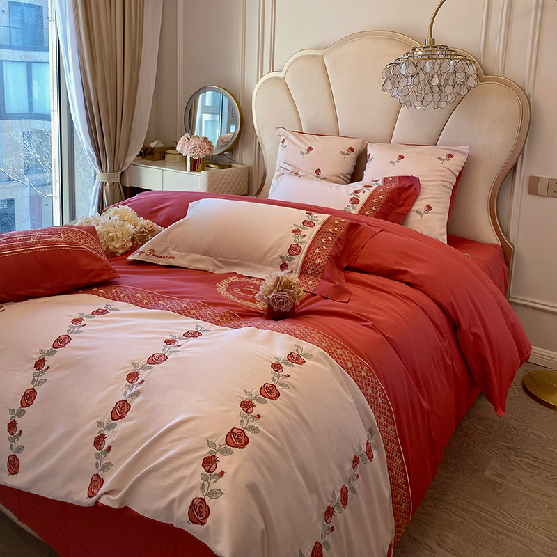 极速婚礼100支长绒棉四件套全棉刺绣被套M结婚用床上用品红色婚庆