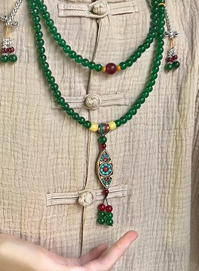 极速玛瑙朱砂绿色串珠长款斜挎y链项链毛衣链新中式古风国风民族
