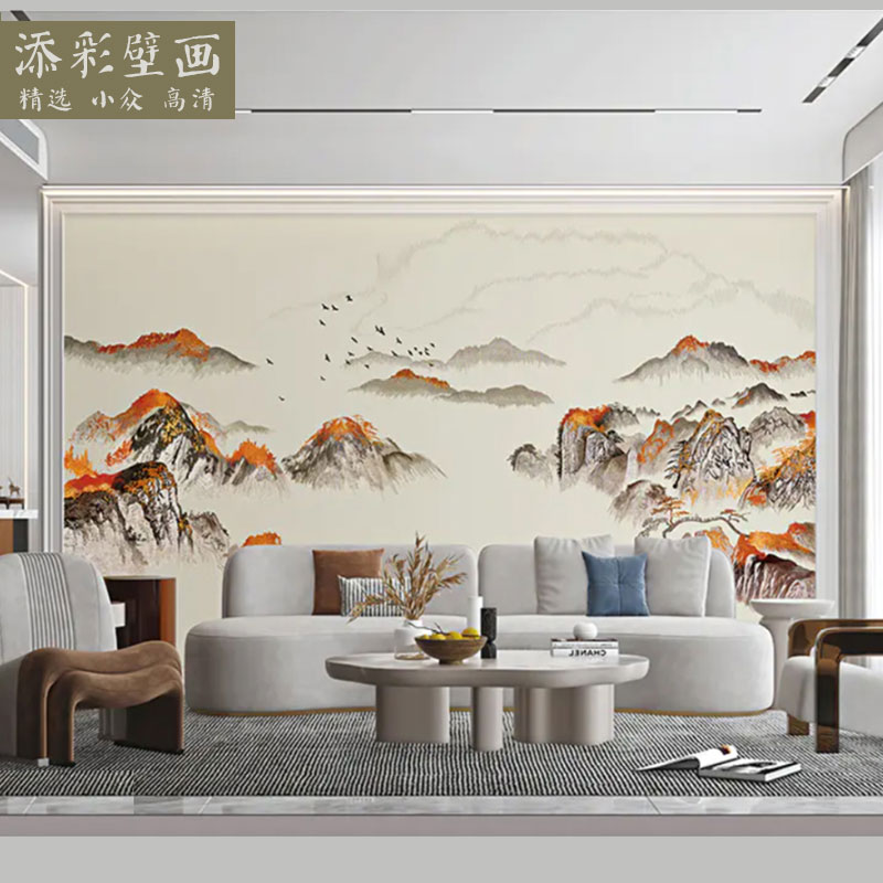 极速新中式刺绣墙k布远山金山靠山独绣壁布客厅电视背景墙大型壁