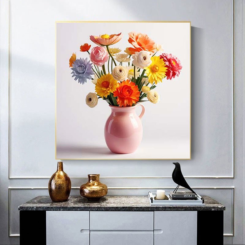 极速花瓶花卉彩色小清新挂画现代客厅餐厅L餐桌装饰画正方形餐厅图片