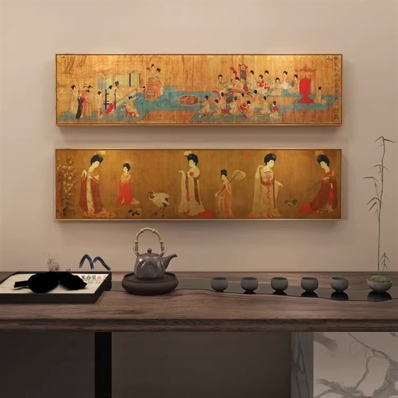极速簪花仕女图挂画新中式唐代古风横幅装饰画客厅餐Y厅卧室床头