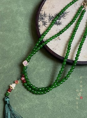 极速国风绿色串珠长款斜挎链w手机链新中式古风汉服马面裙项链挂
