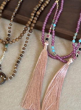 极速新中式国风檀木串珠项链秋冬紫色F琉璃珠斜挎链古风旗袍毛衣