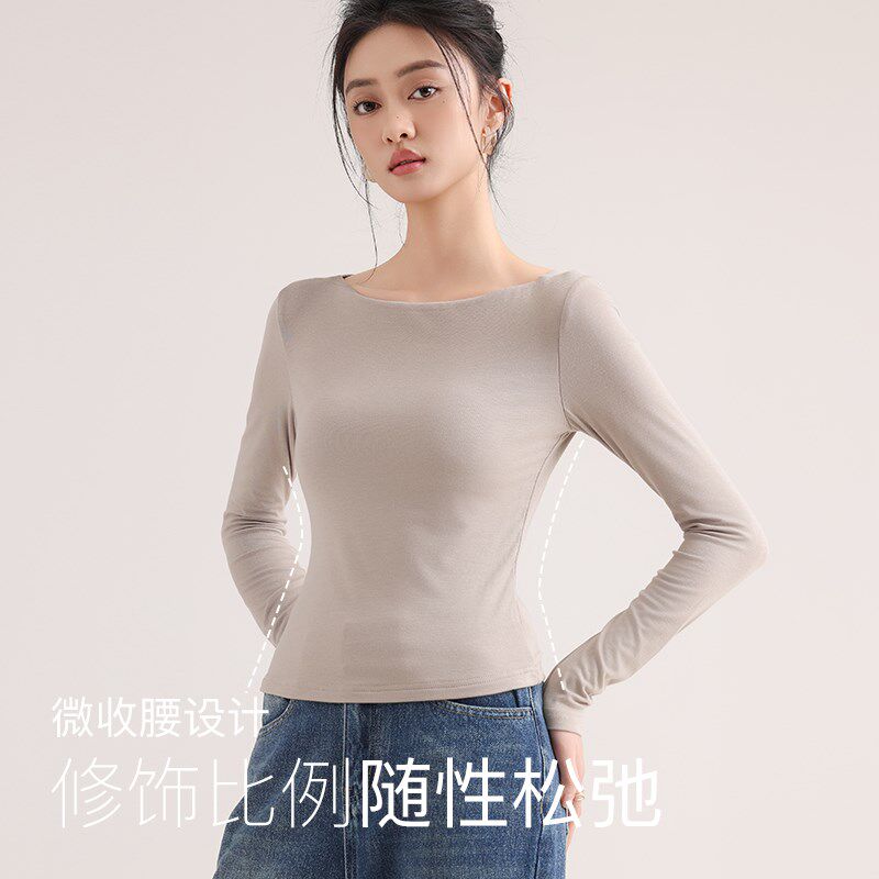 新品白色大圆领长袖T恤女2025春D季新款紧身打底修身显瘦内搭短款